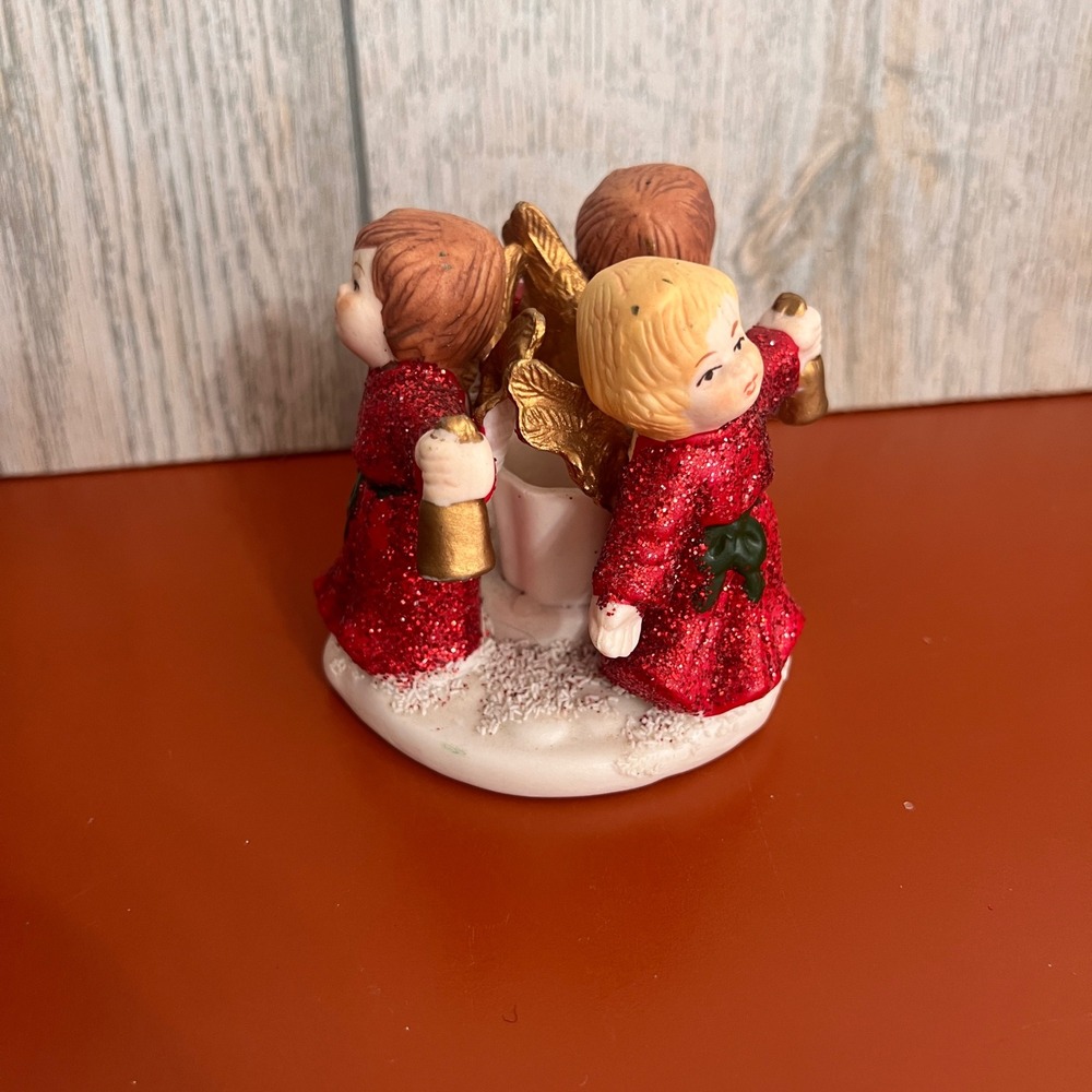 Vintage Ceramic Christmas Angel Trio Candle Holder Red Glitter Cherubs Bells